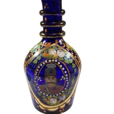 ROHU517 Antique Persian Glass Hookah Base Qajar Dynasty Nasser Al Din Shah	Handpainted cobalt blue with portrait of Nasser Al Din Shah...