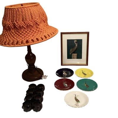 ROHU570 MCM Macrame Lamp/Curtis Krueger Photograph/Japanese cobalt porcelain	Wooden lamp with orange macrame shade (15" tall);...