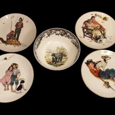ROHU564 Norman Rockwell And Spode	Four Gorham Norman Rockwell plates and a Spode bowl from the "Woodland" series.
