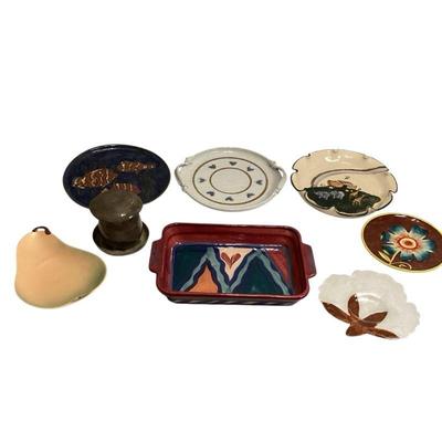 ROHU585 handmade Pottery Items	Shorter Pear; mushroom garlic keeper; signed Gail Pittman and Lindsay Kelly; flowers, fish, hearts and...
