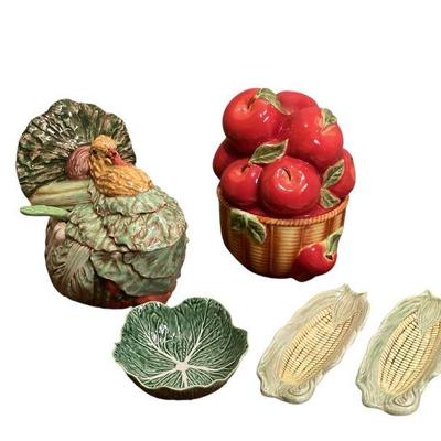 ROHU554 Thanksgiving Serving Dishes	Large turkey soup tureen, red harvest apples cookie jar, two corn cob serving dishes, and a cabbage...