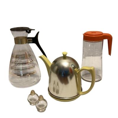 ROHU508 Vintage Pyrex And More	Vintage Anchor Hocking Tang Pitcher with trade mark used from 1938-1980;  1950s Hall Pottery insulated...