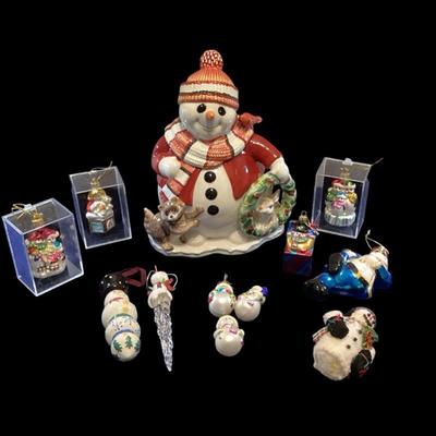 ROHU502 Snowmen Ornaments	Fitz and Floyd Snowman Cookie Jar; Snowman on an icicle and other glass ornaments in boxes - the perfect...
