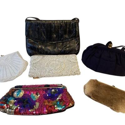 ROHU535 Jessica McClintock, Tommy Bahama, Eelskin And Kangaroo Fur	Jessica McClintock multicolored sequined clutch; Tommy Bahama white...