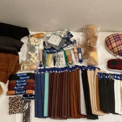 ROHU580 Huge Collection Of Leather Supplies, Tools, Samples, And Cleaner	26 new leather and suede 8 1/2 x 11 trim packs, blue brown,...