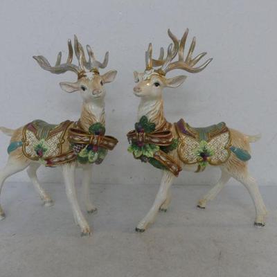 Vintage 1998-2002 Fitz & Floyd "Florentine Christmas" Pair of Deer Figurines - In Box - 10¾" Each
