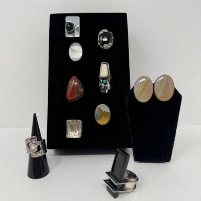 Silver & Polished Stone Ring Collection w/ Black Stone+Agate Clip Ons	