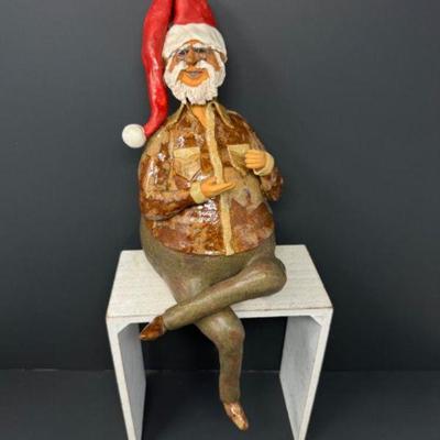 Heavy Glazed Pottery Sitting Santa Figurine	