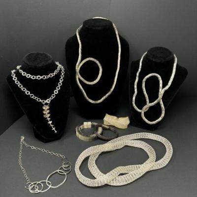 Marked/Unmarked Sculptural Silver Toned Jewelry	