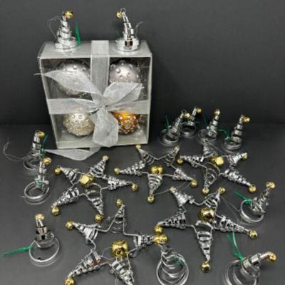 Pier 1 Imports Gold & Silver Beaded Christmas Ornaments + Spiral Stars	