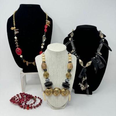 3 Colorful & Eclectic Necklaces & Bracelet: Cloisonné, Stone, Glass +	