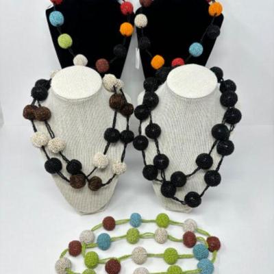 About Color | 5 Hand-Beaded Pom Pom Necklaces - Indonesian Handmade	