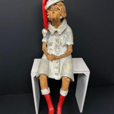 Heavy Pottery - Festive Self-Sitting Granny Figurine w/ Santa Hat	