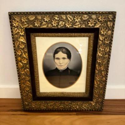 Antique Victorian Style Portrait in Ornate Gold-Tone Wood Frame	