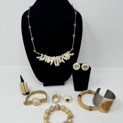 Hand-Carved Bone Jewelry Collection: Malachite Ring & Silver Necklace	