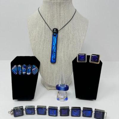 Artisan Crafted Cobalt Blue Blown Glass & Sterling Jewelry Set	