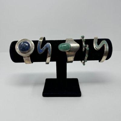 5 Mexican Sterling Silver & Polished Stone Cuff Bracelets- Approx.134g	