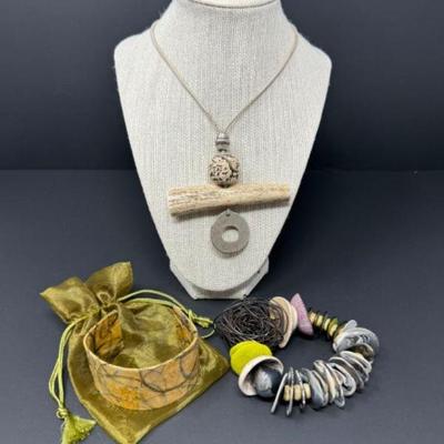 Bone Necklace, Vegetable Parchment Cuff, & Hand Crafted Bracelet	