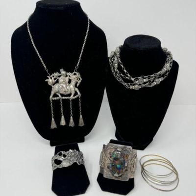 Vintage Jewelry Lot: Large Silver Cuff, Vintage Asian Silver Necklace	