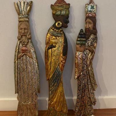 Intricately Carved & Hand-Painted Wood Wall Art Panel: Three Kings	