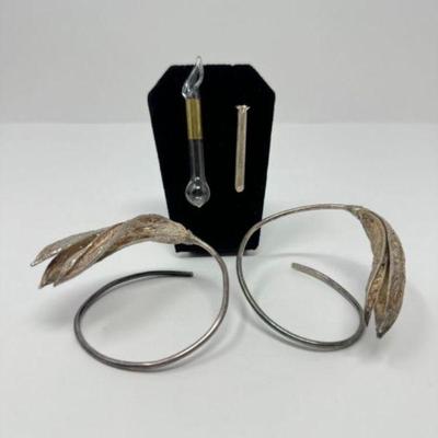 Unmarked Floral Designed Silver Bracelets & Bud Vase Pins	
