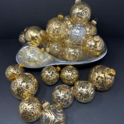 Artist Tamara Childs: 29 Clear Glass Ornaments w/ Gold Etched Design	