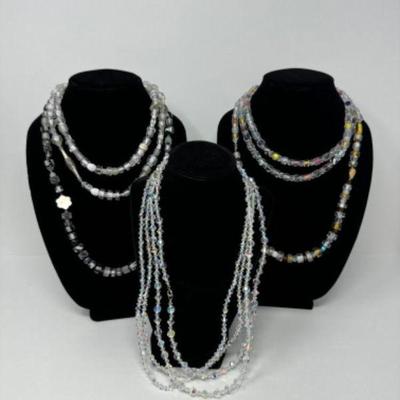 6 Extra-Long Glass Bead Crystal Necklaces: Colorful & Monochromatic	