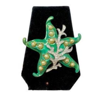 Trifari 'Alfred Philippe' Gold-Dusted Green Enamel Starfish	