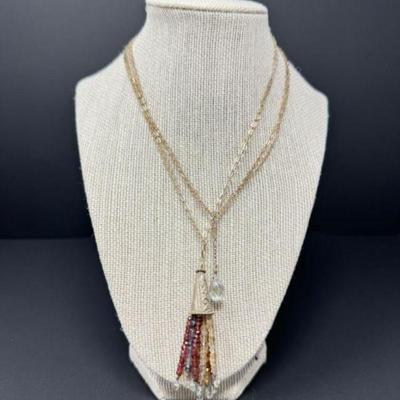 32” Double Stranded 925 Necklace w/ Antique Cone Pendant & Stones	