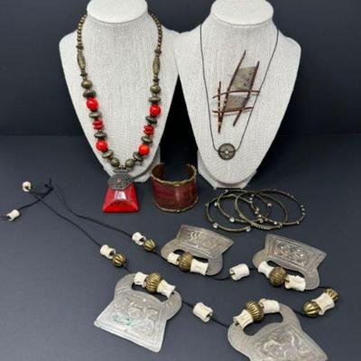 Signed "Hatfield" Cuff Bracelet, Bone Necklace, & Assorted Pieces	