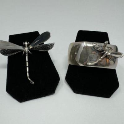 Sterling Silver Textured Dragonfly Cuff & Brooch - Approx. 61.12g	