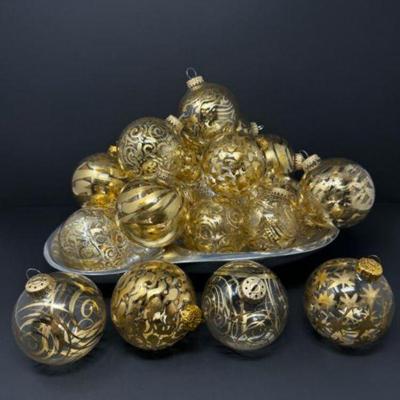 Artist Tamara Childs: 19 Clear Glass Ornaments w/ Gold Etched Design	