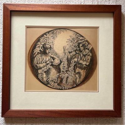 AAT016- Vintage Framed Allen Akina Sketch Art Of Tutu’s Making Leis