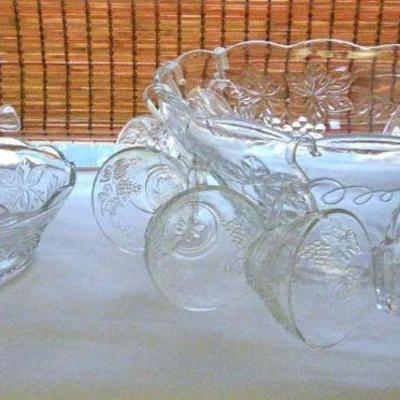 AAT051-Rare Vintage Large Embossed Grape And Foliage Cut Glass Punchbowl Set