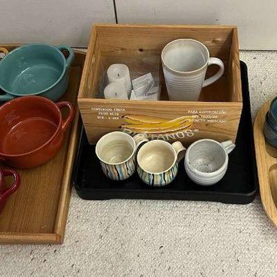 AAT103- Assorted Wooden Trays & Pottery & Ceramic Cups