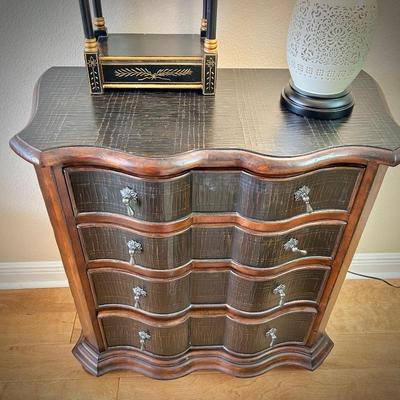 Ethan Allen black chinoiserie chest (matches downstairs coffee table and upstairs box table)