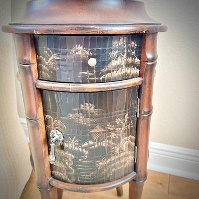 Ethan Allen black chinoiserie box table with bamboo legs (matches downstairs coffee table and upstairs chest of drawers)