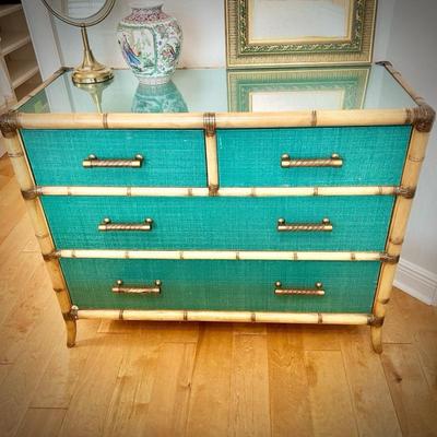 Tommy Bahama Twin Palms Pacific Teal dresser with bamboo trim