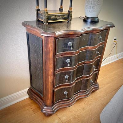 Ethan Allen black chinoiserie chest (matches downstairs coffee table and upstairs box table)