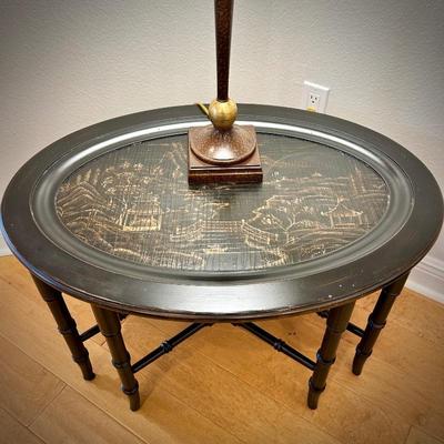 Black chinoiserie Ethan Allen tray table (matches upstairs chest of drawers and box table)