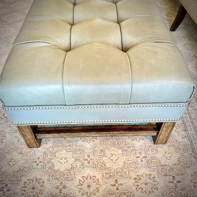 Pale Tiffany blue leather ottoman with nailhead trim