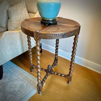 Vintage barley leg side table with cane and carved wood top