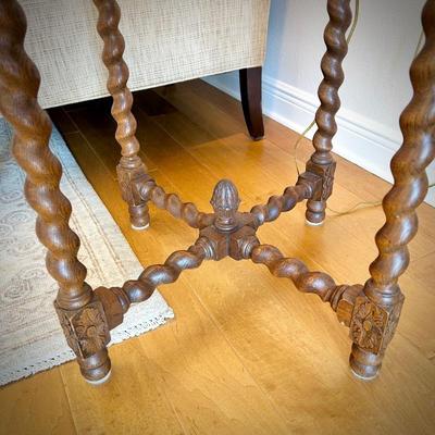 Vintage barley leg side table with cane and carved wood top