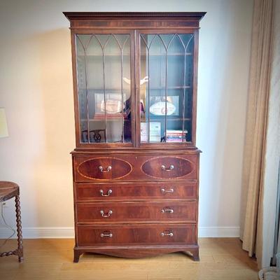 Antique mahogany secretary. Desk portion with leather inlay rolls out. Two pieces for easy transportation.