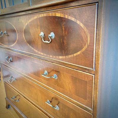Antique mahogany secretary. Desk portion with leather inlay rolls out. Two pieces for easy transportation.