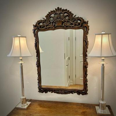 Carved wood entry mirror and two silver buffet lamps