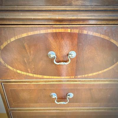 Antique mahogany secretary. Desk portion with leather inlay rolls out. Two pieces for easy transportation.