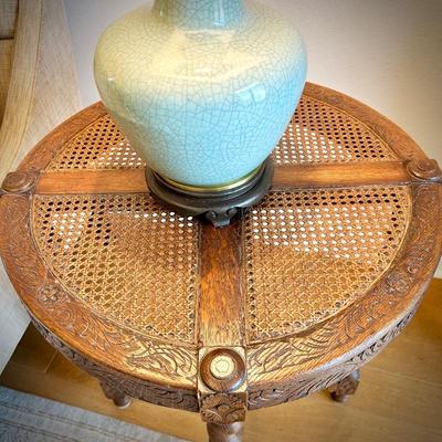 Vintage barley leg side table with cane and carved wood top