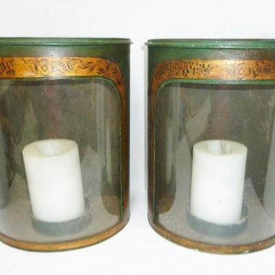 pair early tin/glass sconces