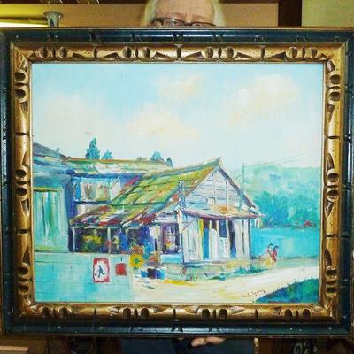several paintings and framed items